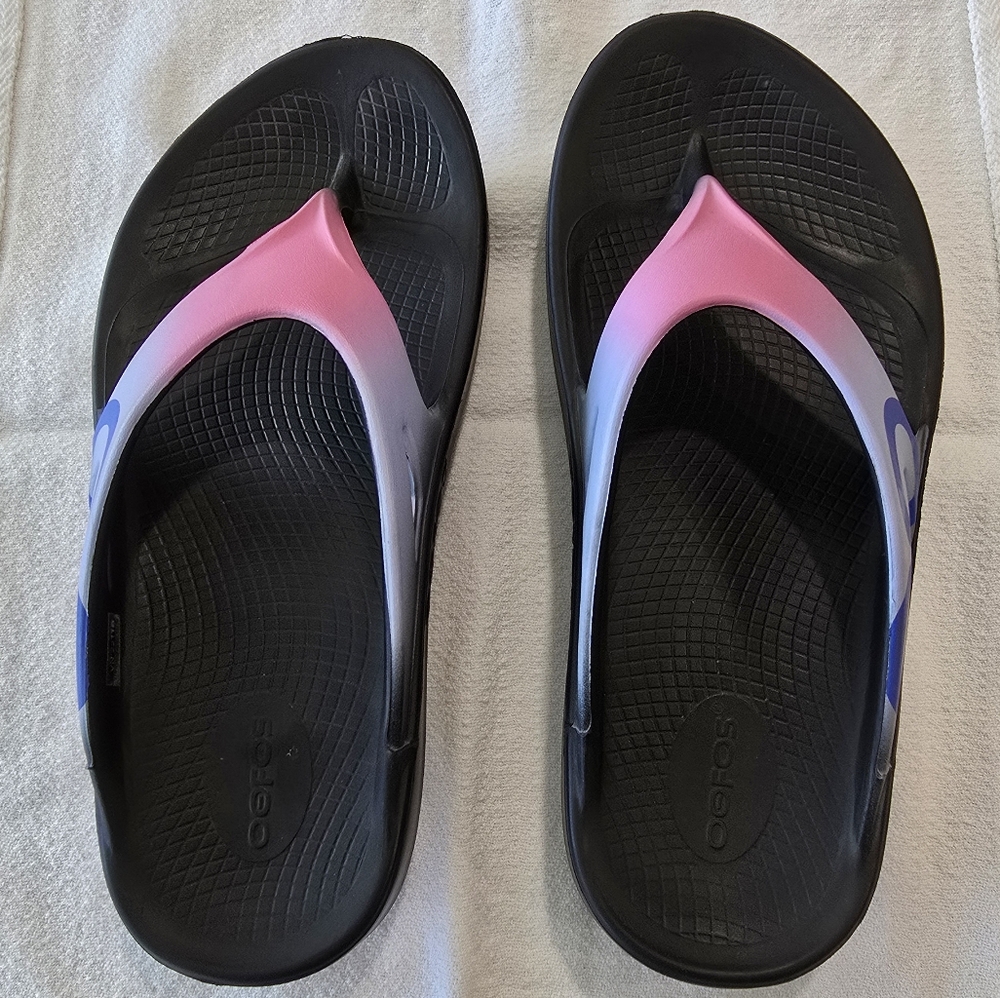Oofos Blue and Pink Sandals